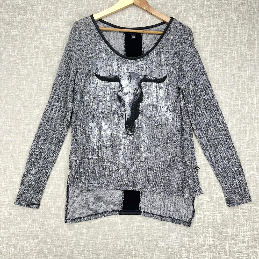 Rock & Republic Sweater Tunic Womens Medium Silver Longhorn Skull Hi Low Hem